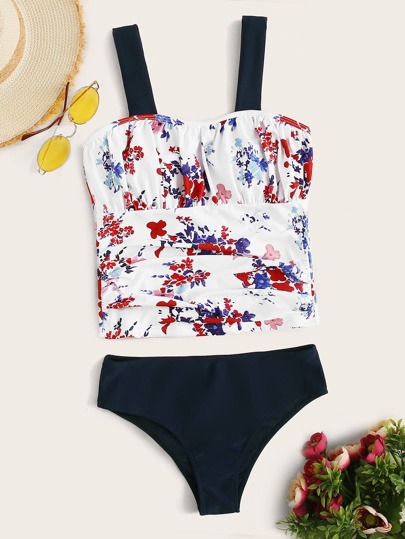 Floral Random Print Ruched Tankini