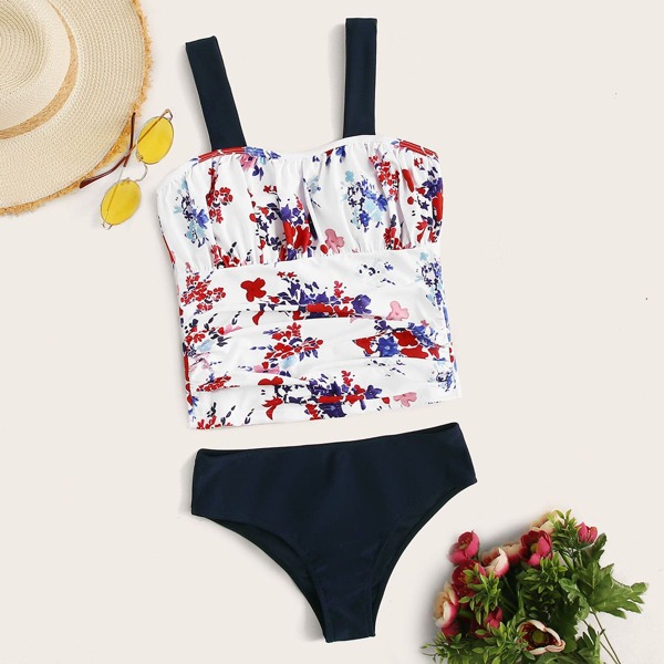

Floral Random Print Ruched Tankini, Multicolor