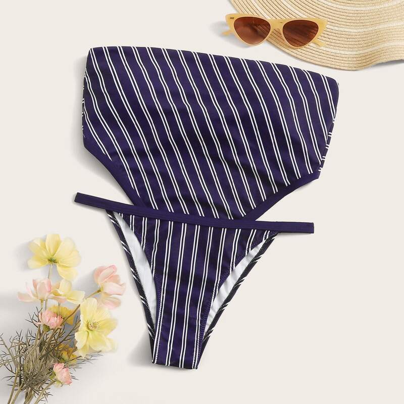 

Striped Bandeau With Thong Bikini Set, Navy