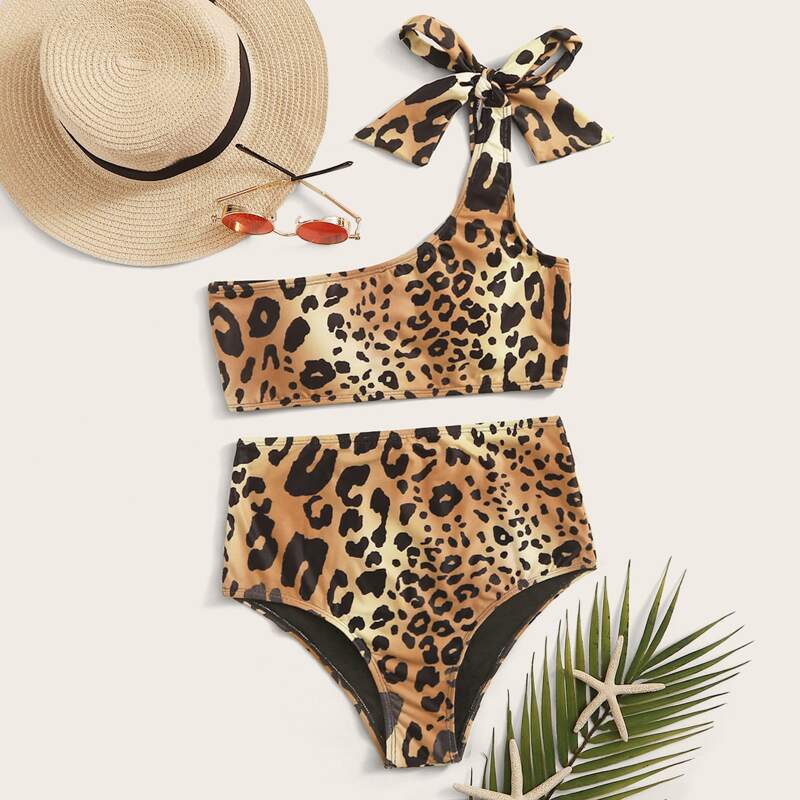 

Leopard Knot One Shoulder High Waisted Bikini Swimsuit, Multicolor