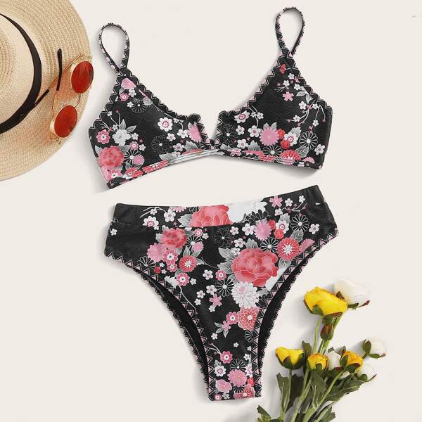 

Floral Random Print Top With High Cut Bikini Set, Multicolor