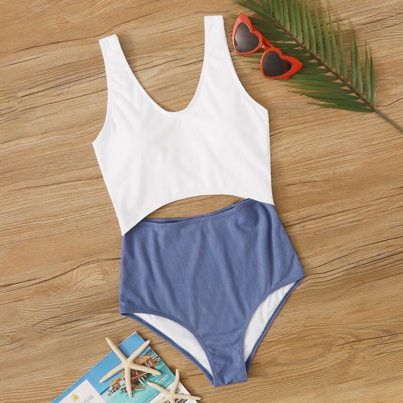 

Two Tone Cut-out One Piece Swimsuit, Multicolor