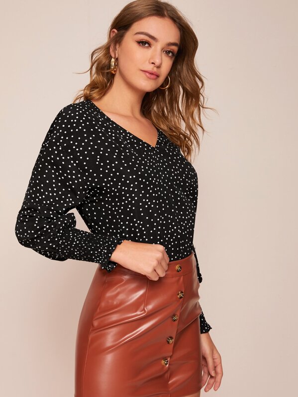 

Polka Dot Print Shirred Bishop Sleeve Blouse, Black and white, Luiza