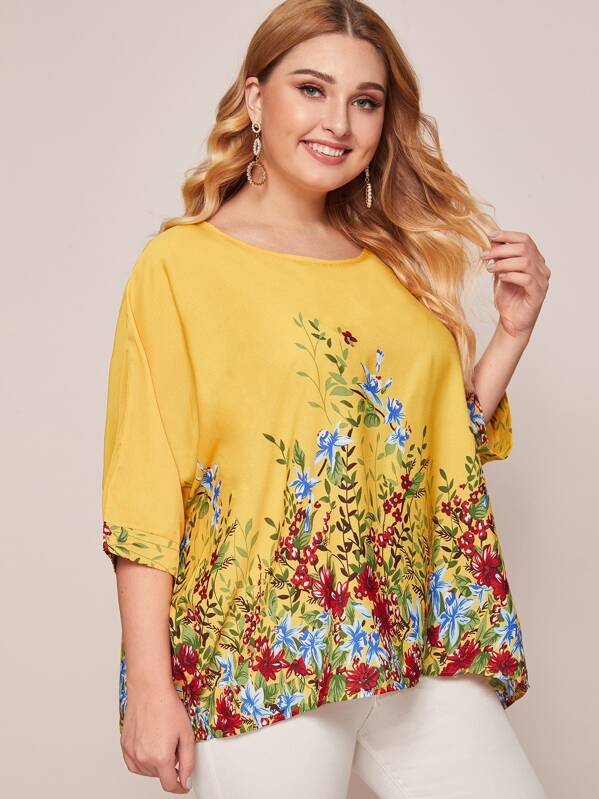 

Plus Flower Print Batwing Sleeve Top, Yellow, Nora