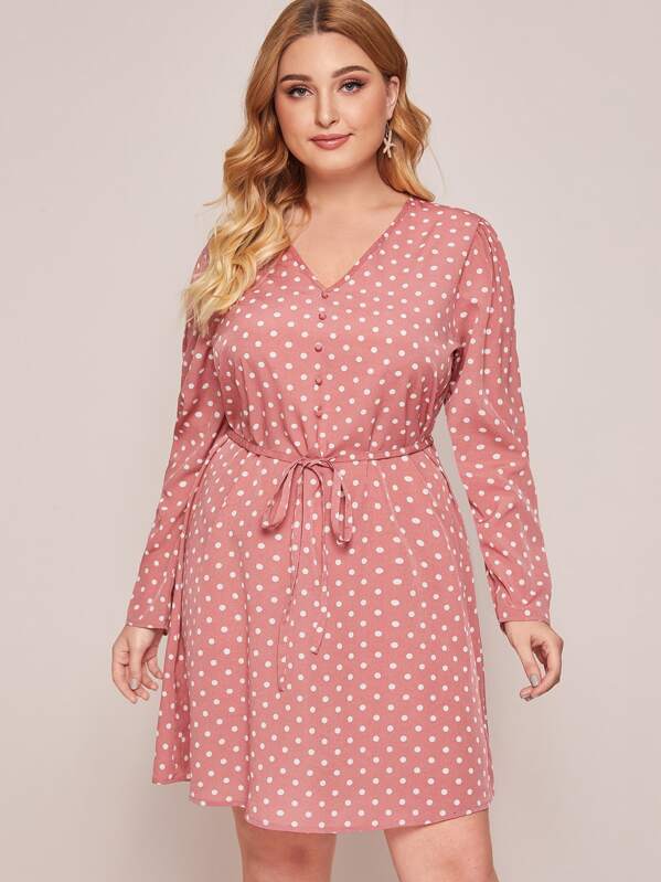

Plus V-neck Polka Dot Belted Dress, Pink, Nora