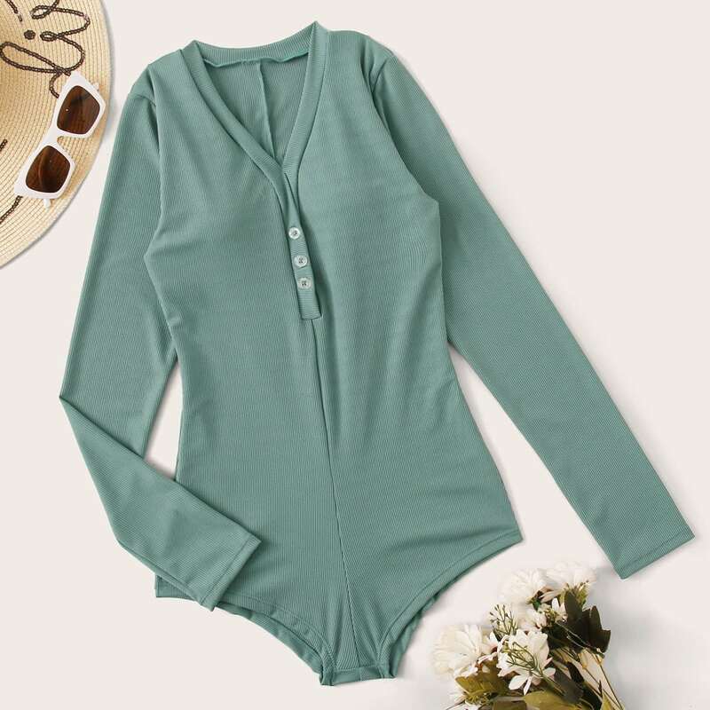 

Rib Button Front Long Sleeve One Piece Swimwear, Green