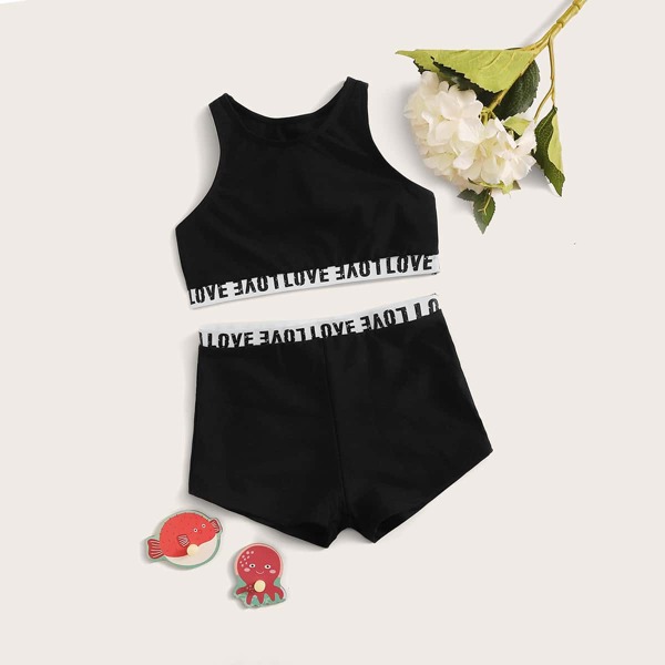 

Girls Letter Tape Bikini Set, Black
