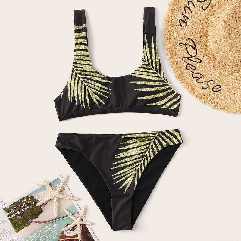 

Palm Print High Cut Bikini Swimsuit, Multicolor