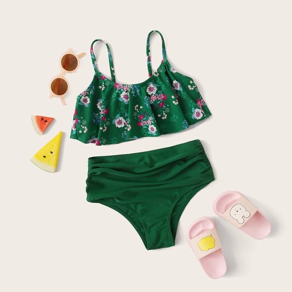 

Girls Floral Print Hanky Hem Top With High Waist Bikini, Green
