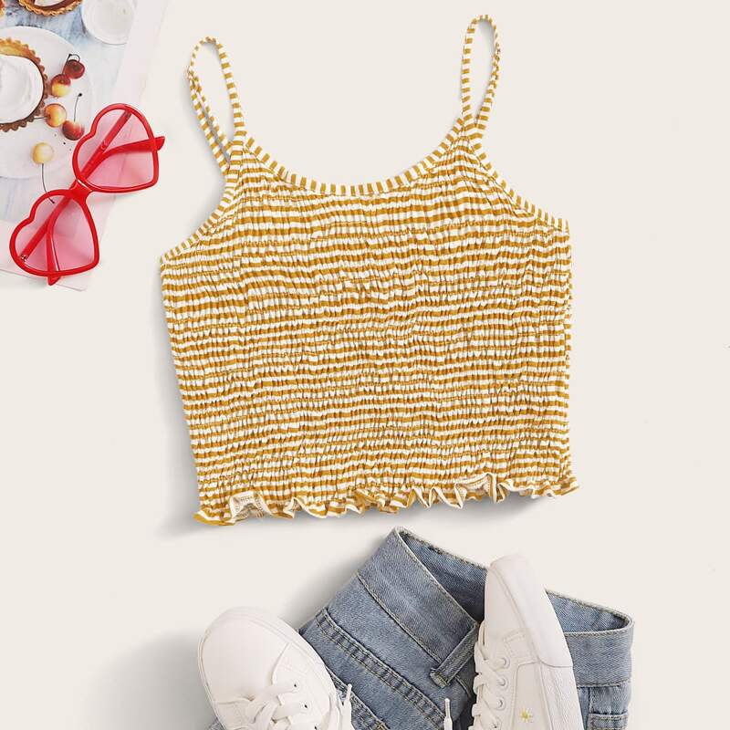 

Striped Frill Trim Shirred Cami Top, Yellow