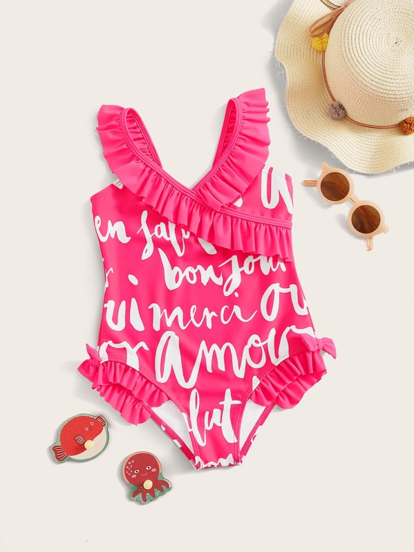 

Girls Letter Graphic Frill Trim One Piece Swimwear, Pink