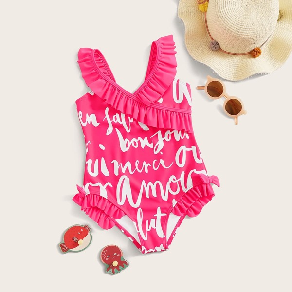 

Girls Letter Graphic Frill Trim One Piece Swimwear, Pink