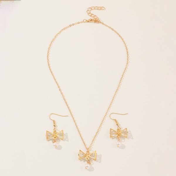 

3pcs Toddler Girls Bow Knot Drop Earrings & Necklace, Gold