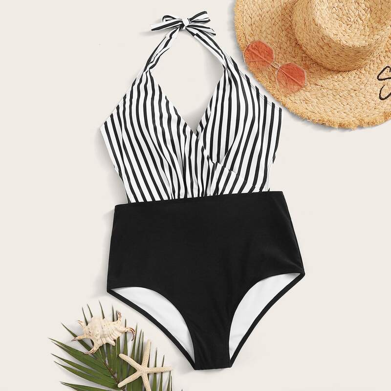 

Striped Halter Knot Back Monokini, Black and white