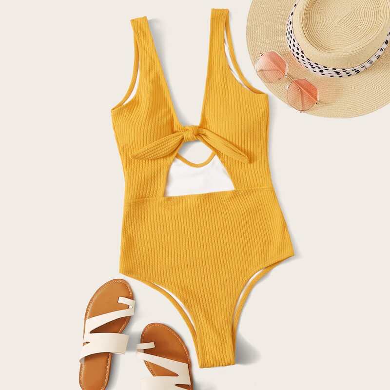 

Rib Knot Front One Piece Swimwear, Yellow