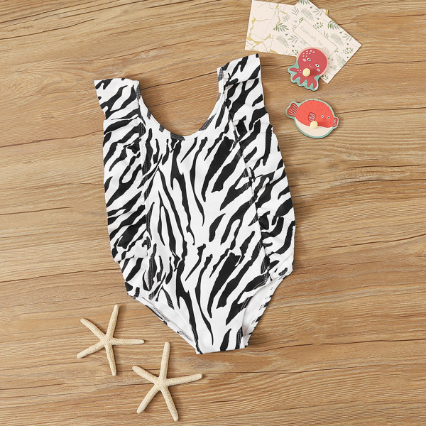 

Toddler Girls Zebra Striped Frill Trim One Piece Swimwear, Black and white