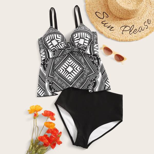 

Tribal Underwire Top With High Waist Tankini, Black and white