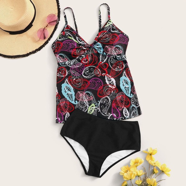 

Paisley Spaghetti Strap Top With High Waist Tankini, Multicolor