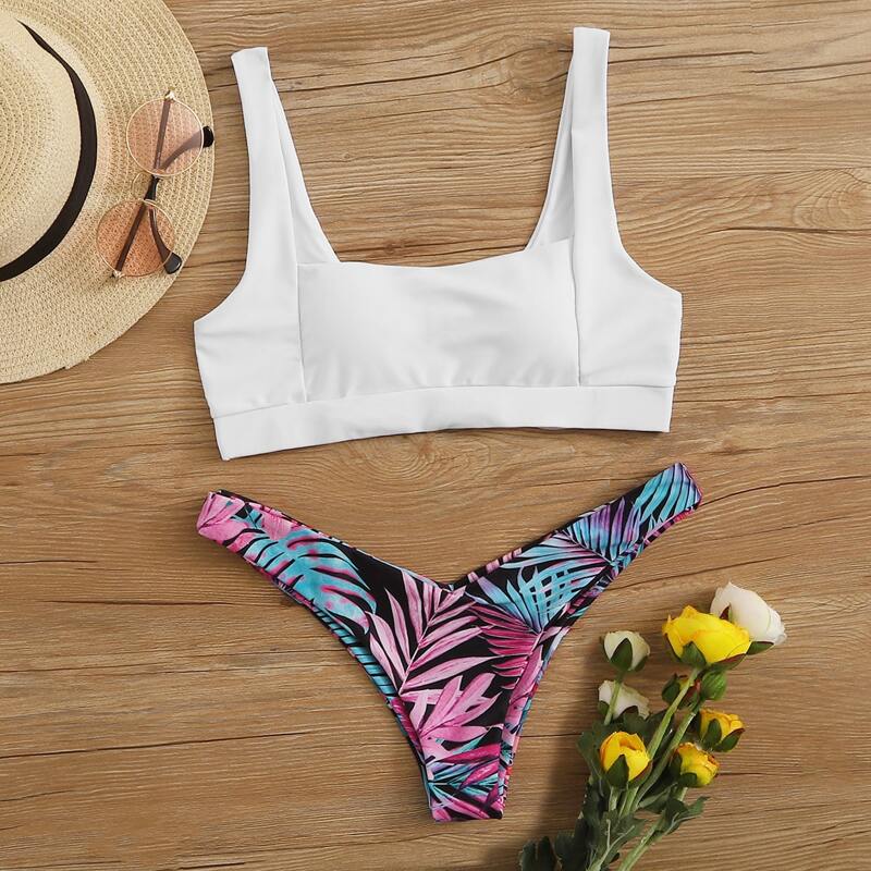 

Solid Top With Palm Print High Cut Bikini, Multicolor