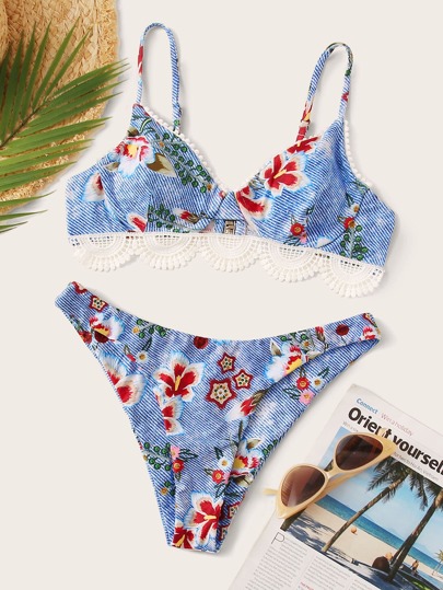 Floral Print Lace Trim Underwire Top With High Cut Bikini