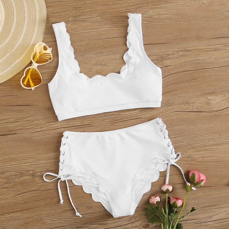 

Scallop Trim Lace-up Knotted Side Bikini Swimsuit, White