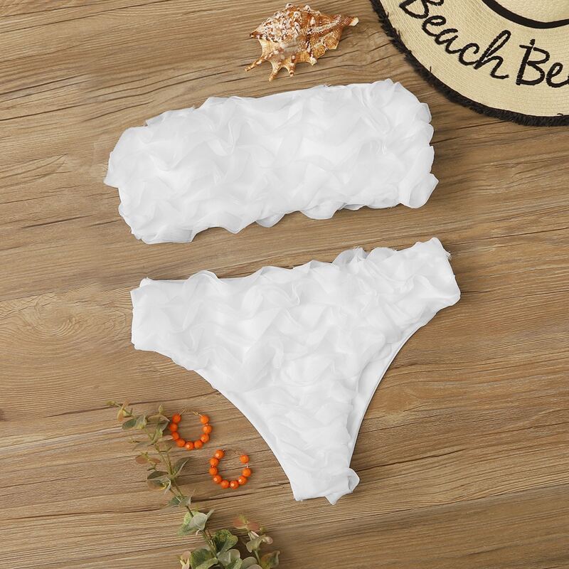 

Contrast Mesh Bandeau Bikini Swimsuit, White