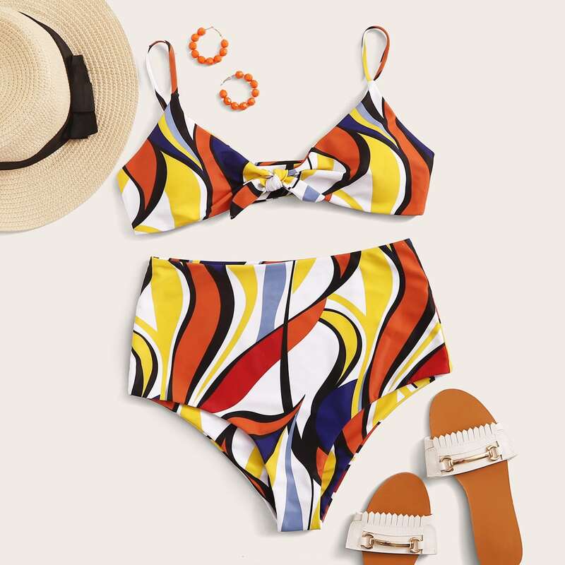 

Graphic Knot Front Top With High Waist Bikini, Multicolor