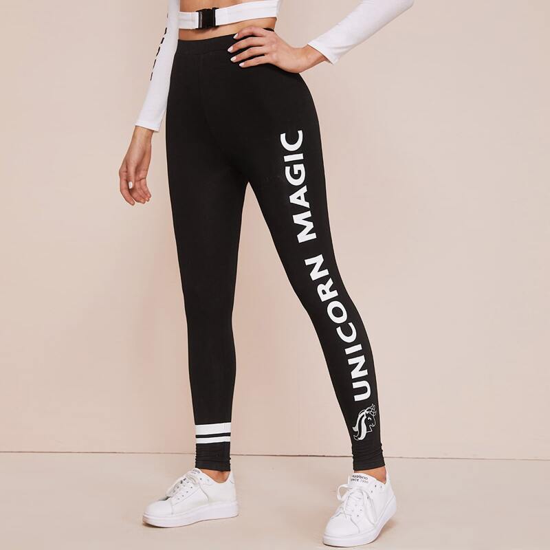 

Unicorn & Slogan Graphic Leggings, Black