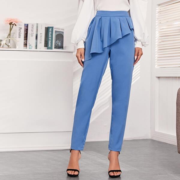 

Ruffle Trim Solid Pants, Blue