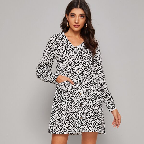 

Button Front Dalmatian Print Dress, Black and white