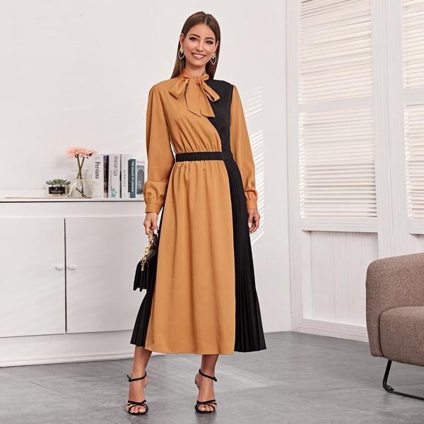 

Двухцветное контрастное плиссированнное платье с рукавом фонарик и воротником-бантом, Многоцветный