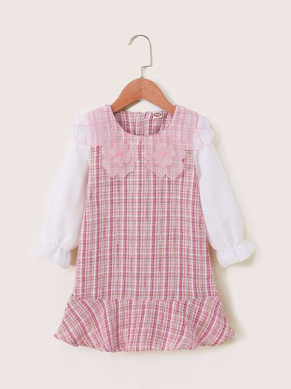 

Toddler Girls Contrast Sleeve Appliques Ruffle Hem Tweed Dress, Pink