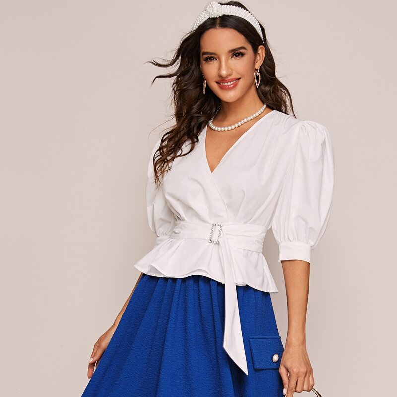 

Puff Sleeve Surplice Wrap Belted Peplum Top, White