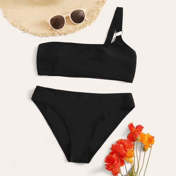 

Solid One Shoulder Bikini Set, Black