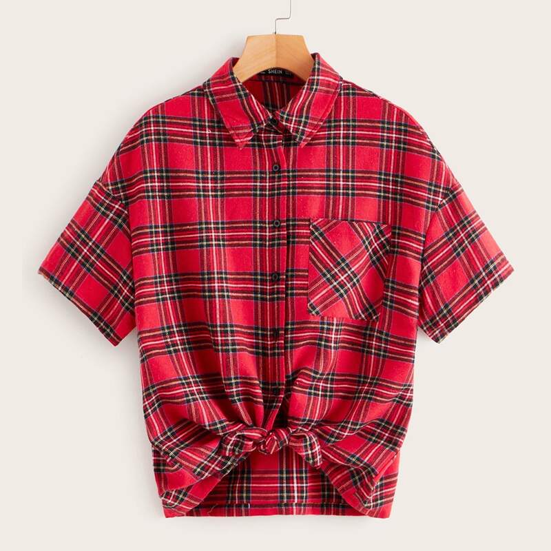 

Short Sleeve Pocket Front Plaid Blouse, Red
