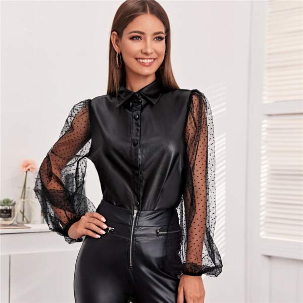

Sheer Dobby Mesh Lantern Sleeve PU Blouse, Black