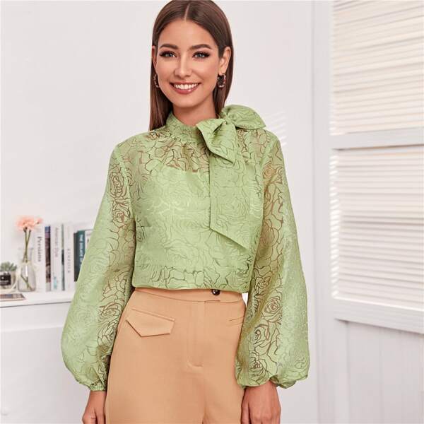 

Tie Neck Lantern Sleeve Sheer Top With Camisole, Green