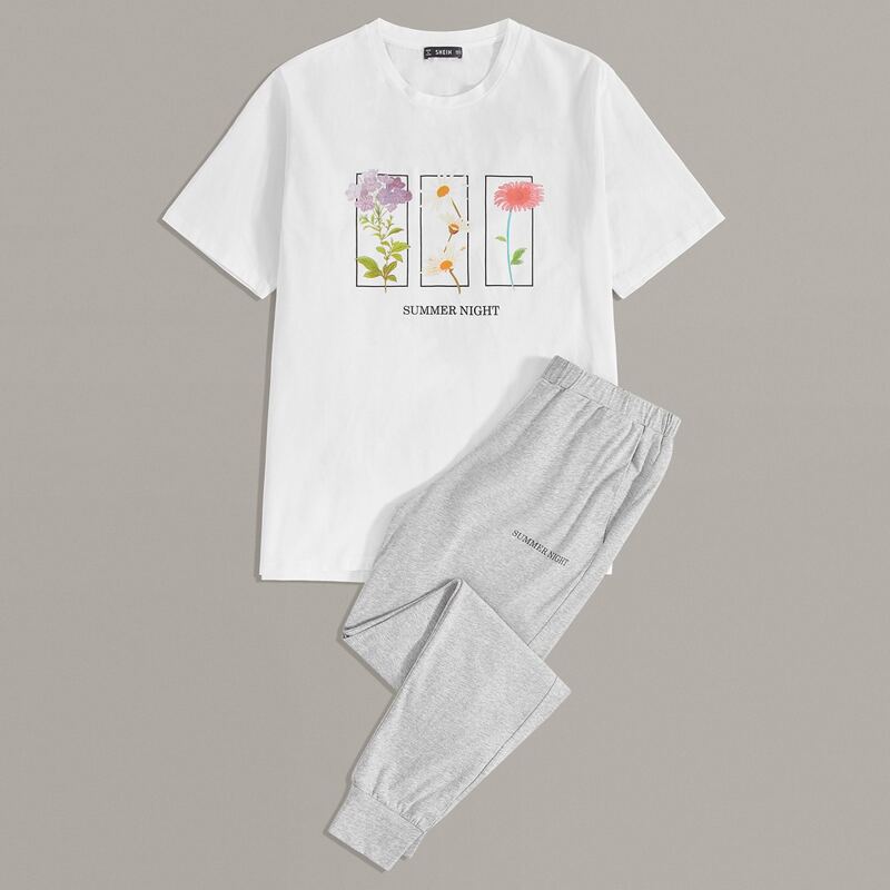 

Guys Slogan Graphic Floral Top & Pants PJ Set, Multicolor