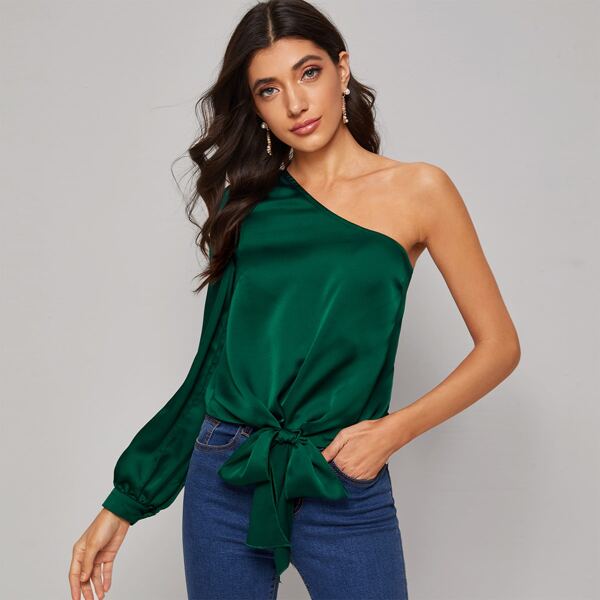 

One Shoulder Knotted Hem Satin Top, Green