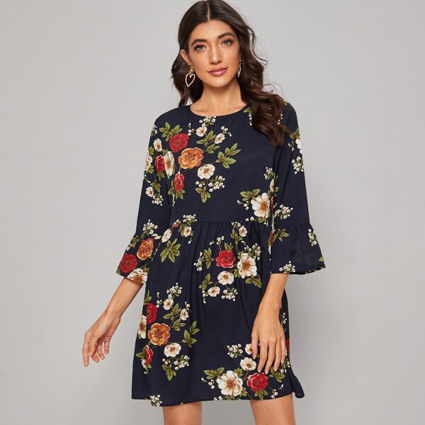 

Flounce Sleeve Floral Print Smock Dress, Navy