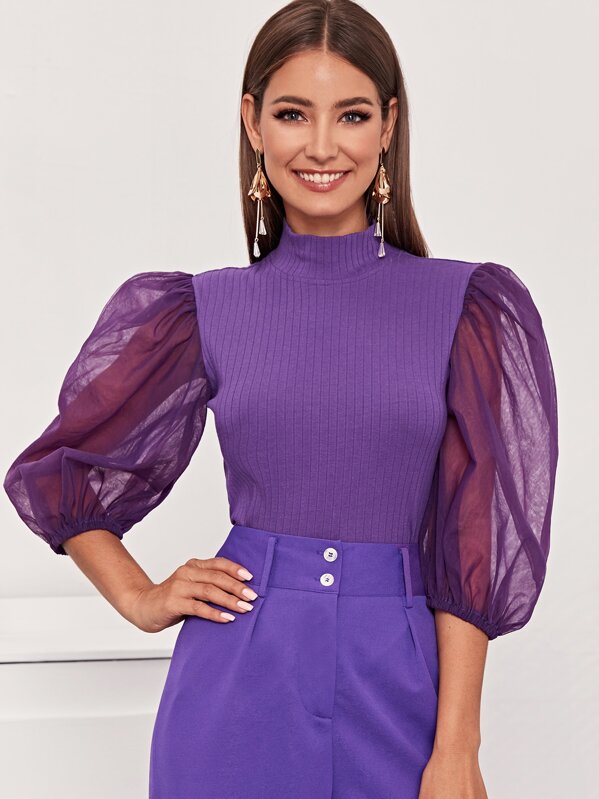 

Mesh Bishop Sleeve Rib-knit Top, Purple, Debi