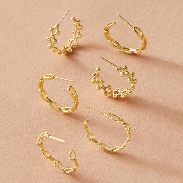 

3pairs Hollow Out Link Cuff Hoop Earrings, Gold