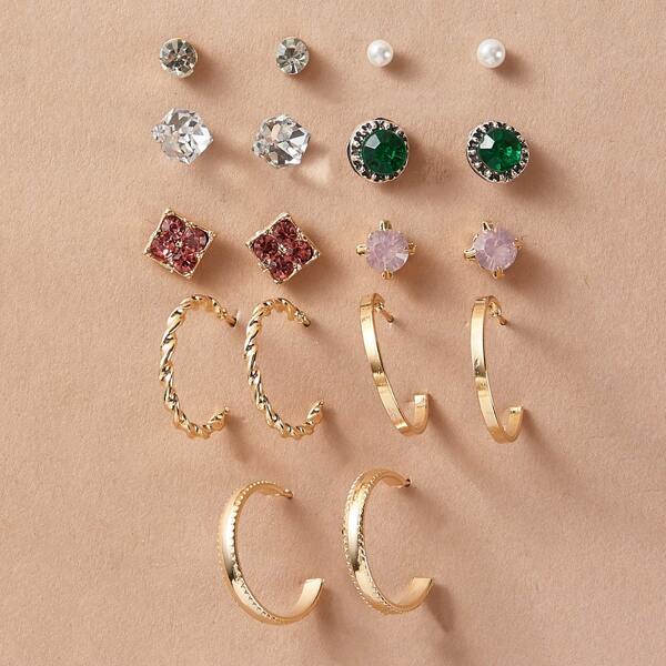 

9pairs Rhinestone Engraved & Faux Pearl Decor Earrings, Multicolor