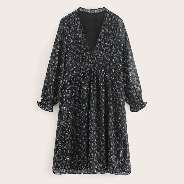 

V-neck Ditsy Floral A-line Dress, Black