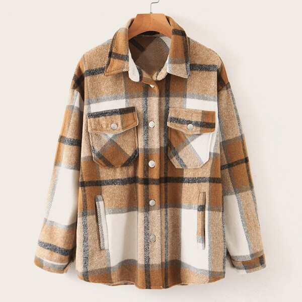 

Flap Pocket Plaid Tweed Coat, Multicolor