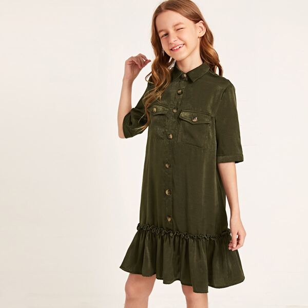 

Girls Flap Pocket Ruffle Hem Satin Shirt Dress, Army green