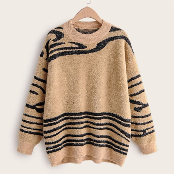 

Drop Shoulder Zebra Stripe Fuzzy Sweater, Khaki