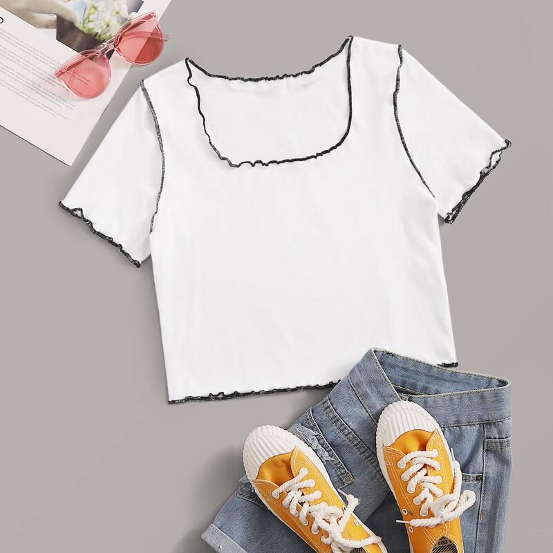 

Contrast Binding Square Neck Tee, White