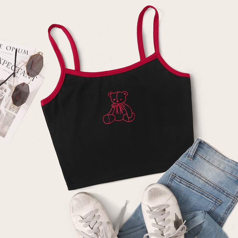 

Bear Graphic Ringer Crop Cami, Black