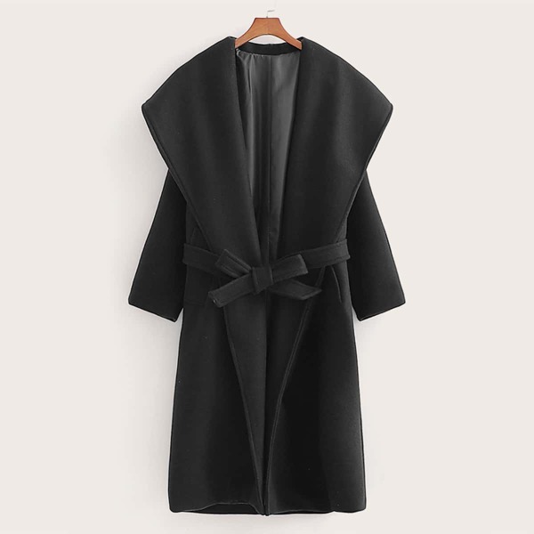

Waterfall Collar Belted Overcoat, Black